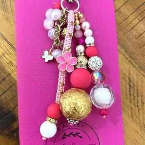 Pink & Gold Floral Beaded Keychain Charm, handmade/EAlovey